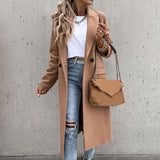 Tailored longline trench coat for women in forest green taupe beige and camel by Sophia and Grace London with structured lapels and wool blend fabric