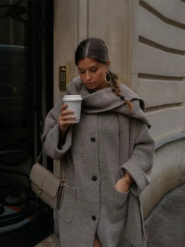 Oversized Wool Coat with Attached Scarf | Heather Taupe