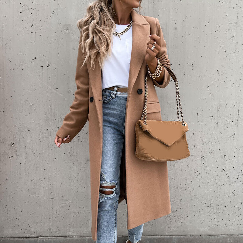 Tailored longline trench coat for women in forest green taupe beige and camel by Sophia and Grace London with structured lapels and wool blend fabric