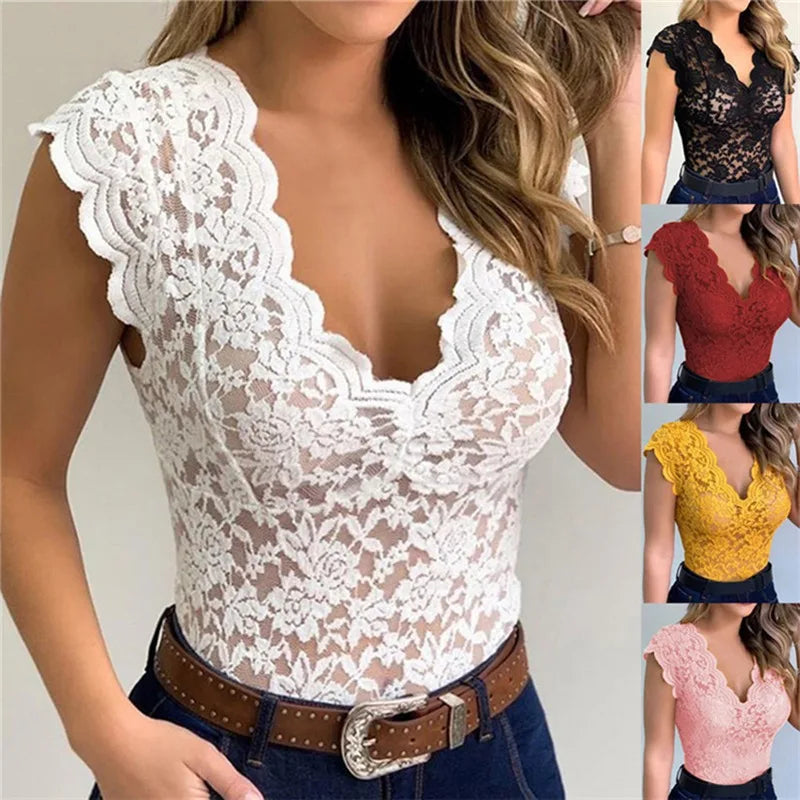Woman wearing a white sleeveless lace blouse with deep V-neck and scalloped edges